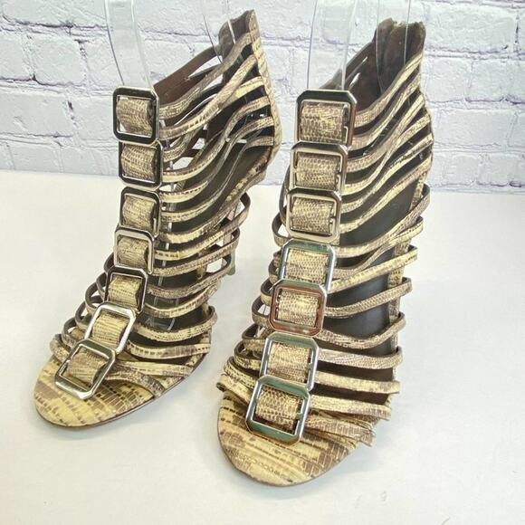 Tory Burch Strappy Peep Toe Heels Size 6.5 Animal Print Buckles Designer Shoes - Picture 4 of 12
